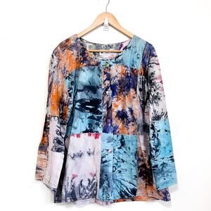 Indigo Artsy Lagenlook Womens Shirt Size O/S Patchwork Oversized Button Up‎ Boxy